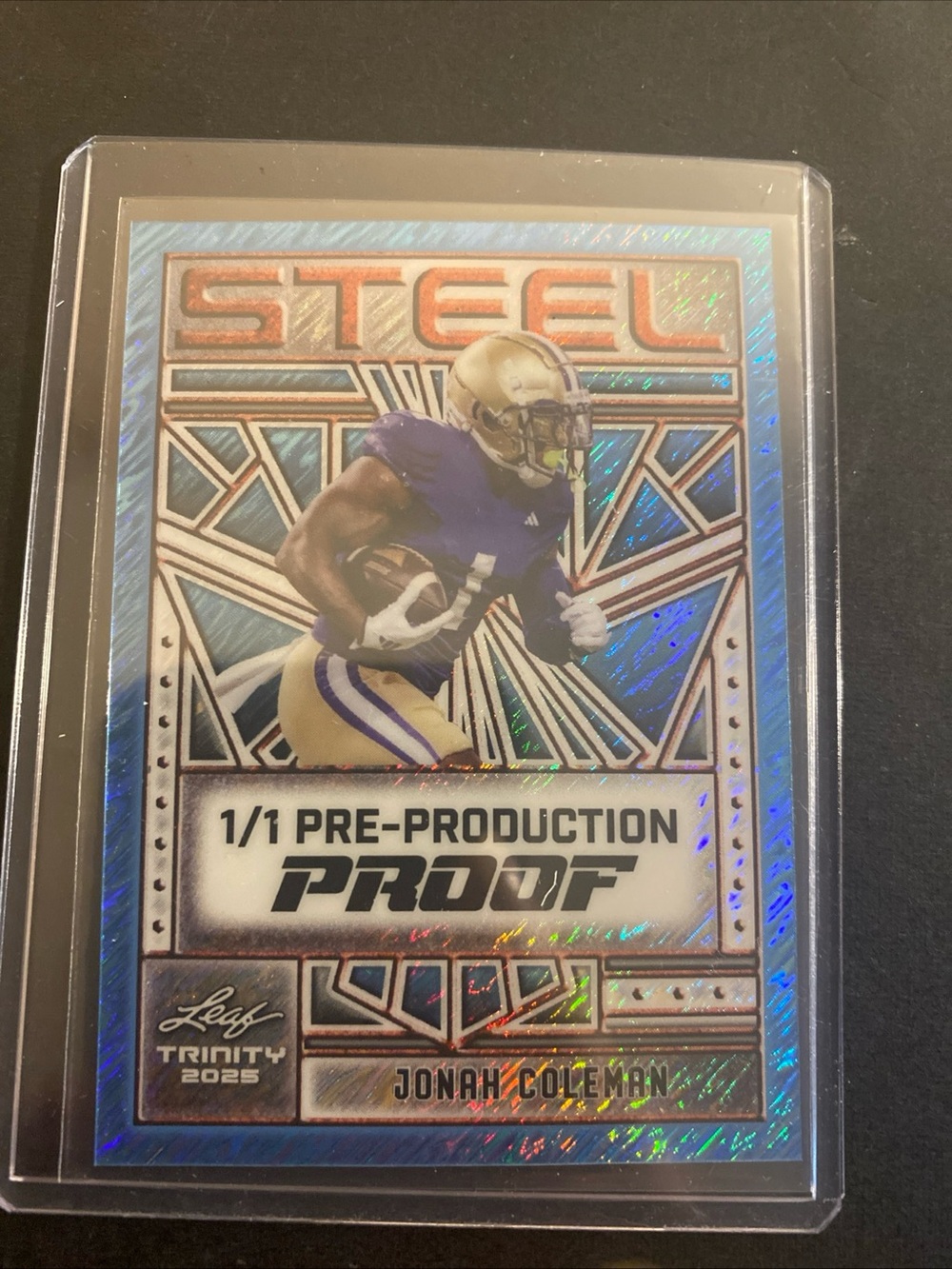 2025 Leaf Trinity Steel Football Jonah Coleman 1/1 Blue Pre-production Proof Rc